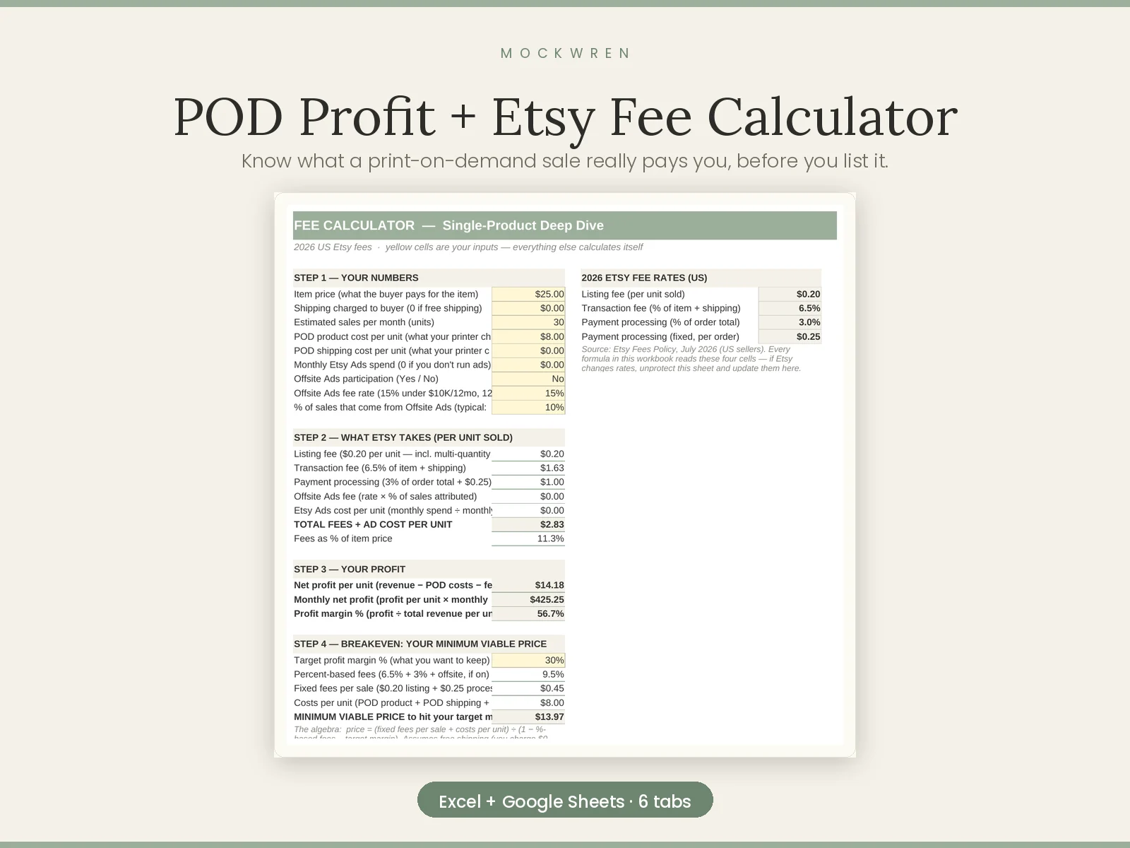 POD Profit + Etsy Fee Calculator